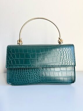 Croc-Embossed Mini Top Handle Bag in Teal Green